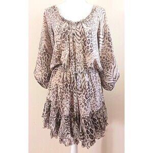 Rebecca Taylor 100% Silk Mini Animal Print Drawstring Waist Ruffle Hem Sz 2